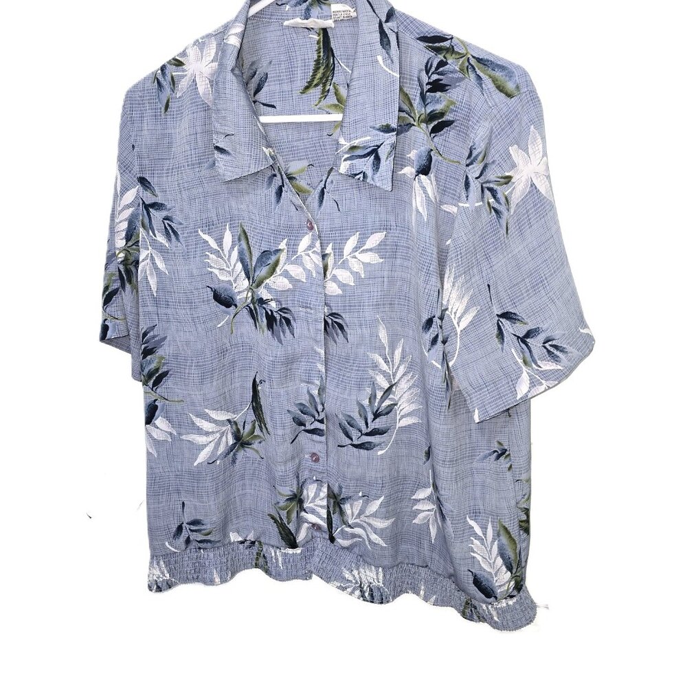 Alfred Dunner Blouse Blue Gray Leaves Top Size 16